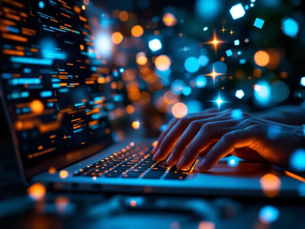 Handen typen op laptop met holografische AI-netwerk patronen en gloeiende code boven het scherm in moderne werkruimte