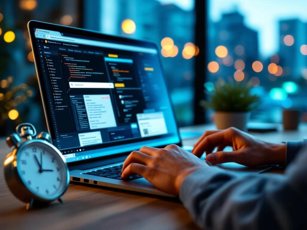 Handen typen code op laptop met vacaturewebsites open, stopwatch op houten bureau, Amsterdam kantoren op achtergrond