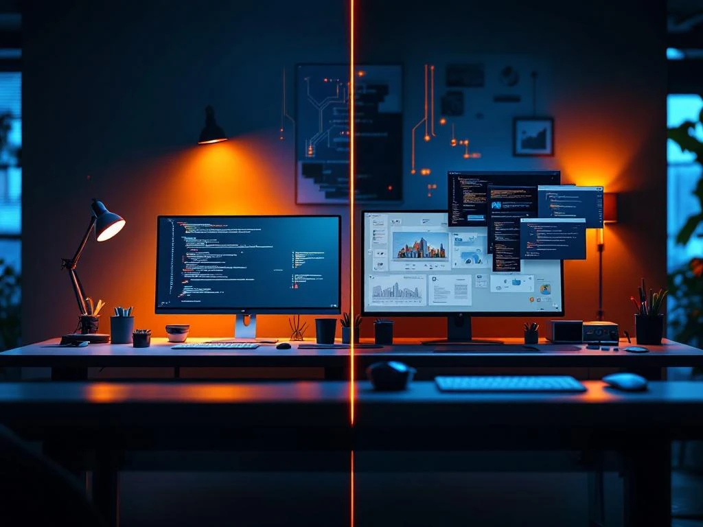 Split-screen vergelijking van junior ontwikkelaar werkplek met enkele monitor versus senior werkstation met meerdere schermen