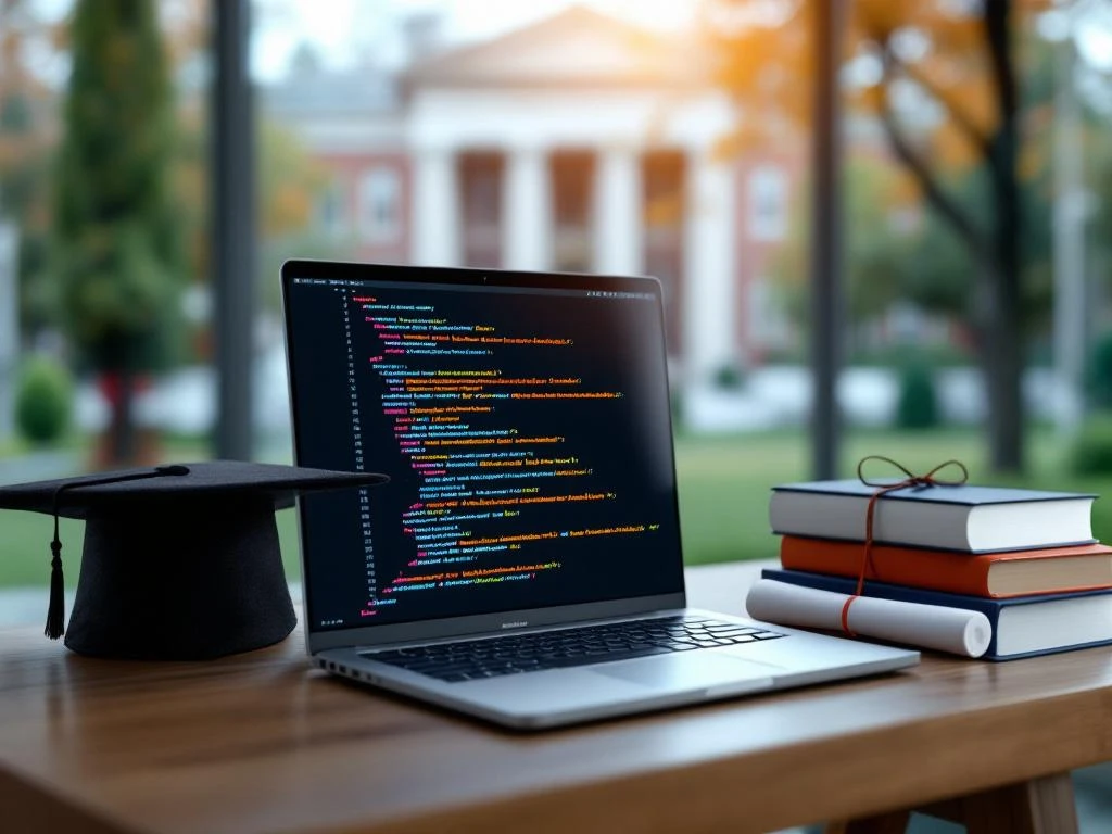 Laptop met kleurrijke code op houten bureau omringd door afstudeerpet, programmeerboeken en diploma met universiteit op achtergrond