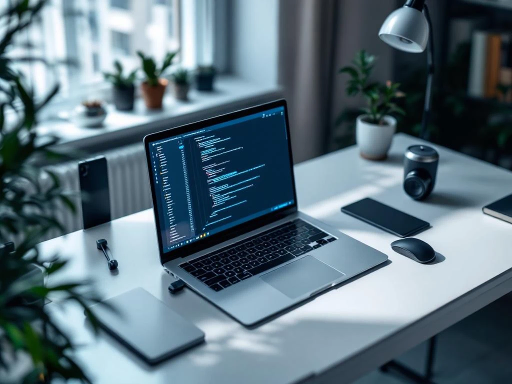 Moderne werkplek van bovenaf met laptop met code op scherm, tech accessoires en planten in thuiskantoor