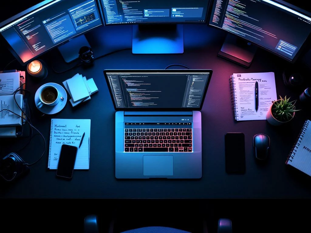 Bovenaanzicht van moderne werkplek met laptop met code, mechanisch toetsenbord, monitoren, programmeerboeken en koffie