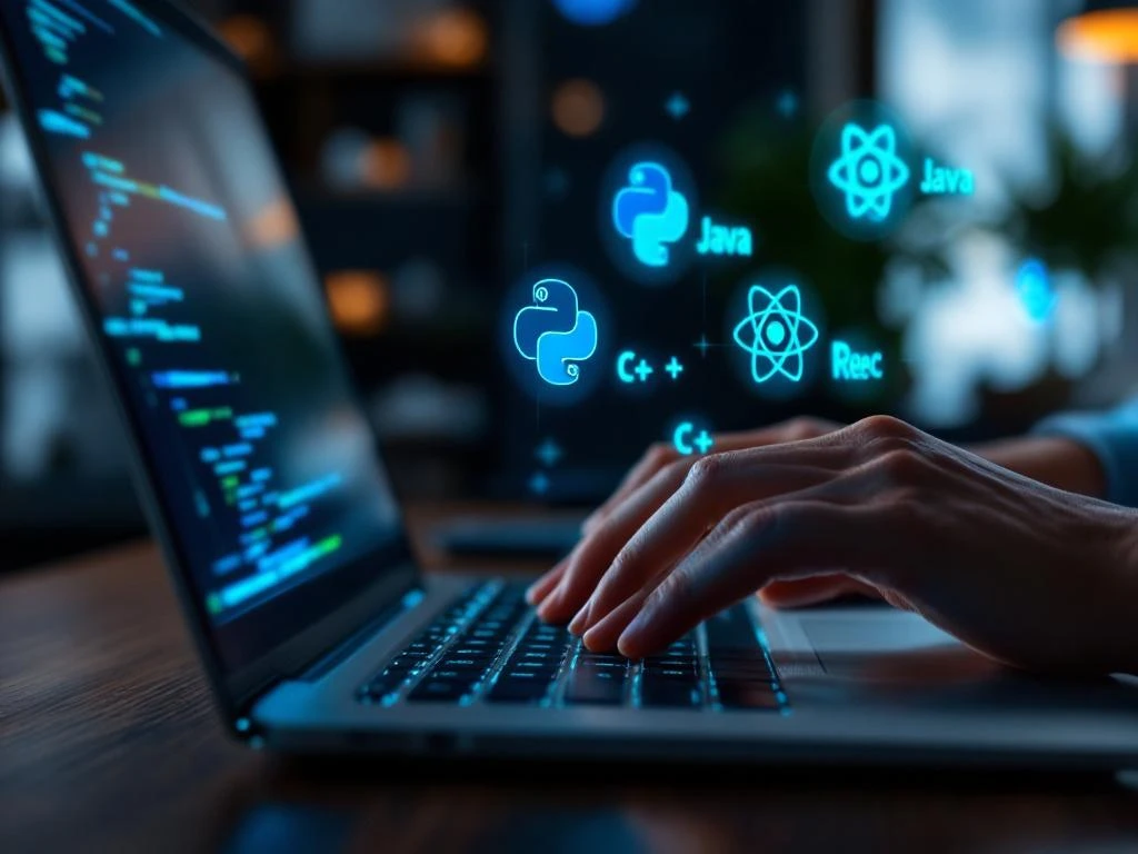 Handen typen op laptop met holografische programmeerlogo's Python, JavaScript, Java, C++, React zwevend boven scherm
