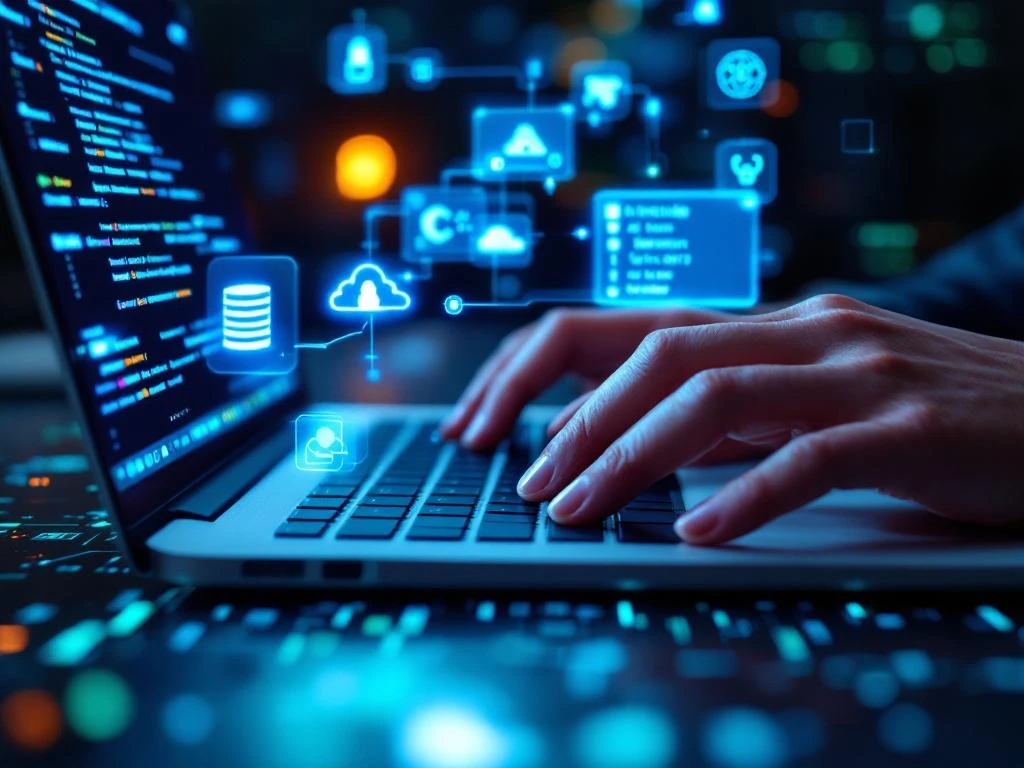 Handen typen op laptop toetsenbord met holografische code vensters en programmeer iconen zwevend in blauw-groen licht