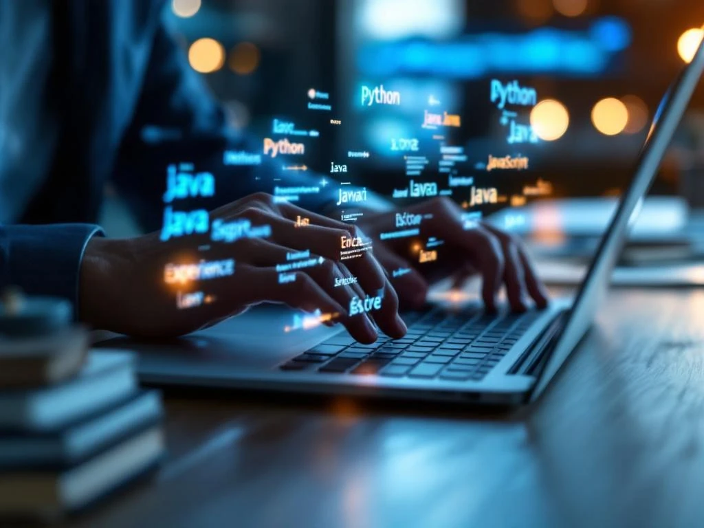 Handen typen op laptop met zwevende holografische code, gestapelde boeken en certificaten tonen programmeervaardigheden