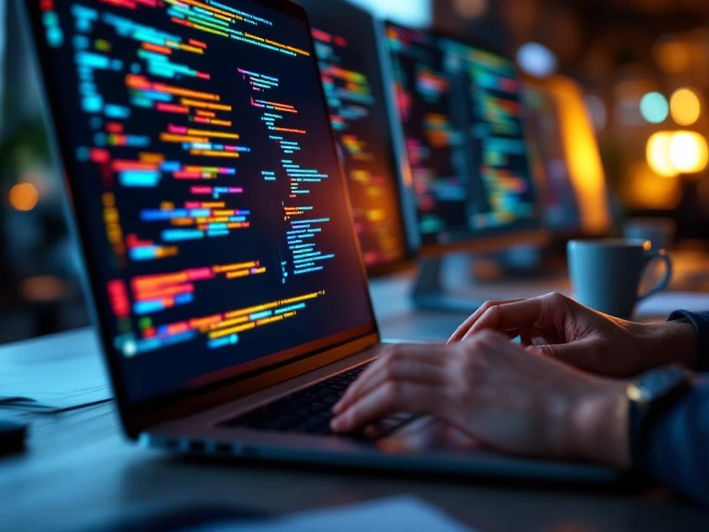 Handen typen code op laptop toetsenbord met kleurrijke programmeerinterfaces op schermen op de achtergrond