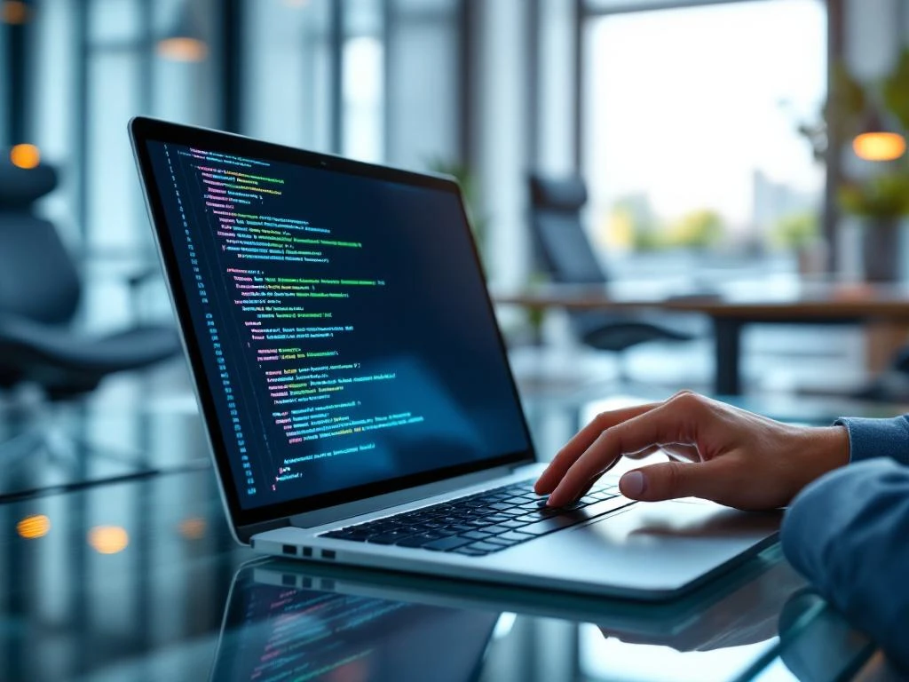 Handen typen op laptop toetsenbord met programmeercode op scherm in moderne kantooromgeving met glazen bureau