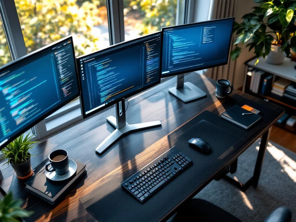 Moderne werkplek met meerdere computermonitors die code en vacaturesites tonen, mechanisch toetsenbord en programmeerboeken