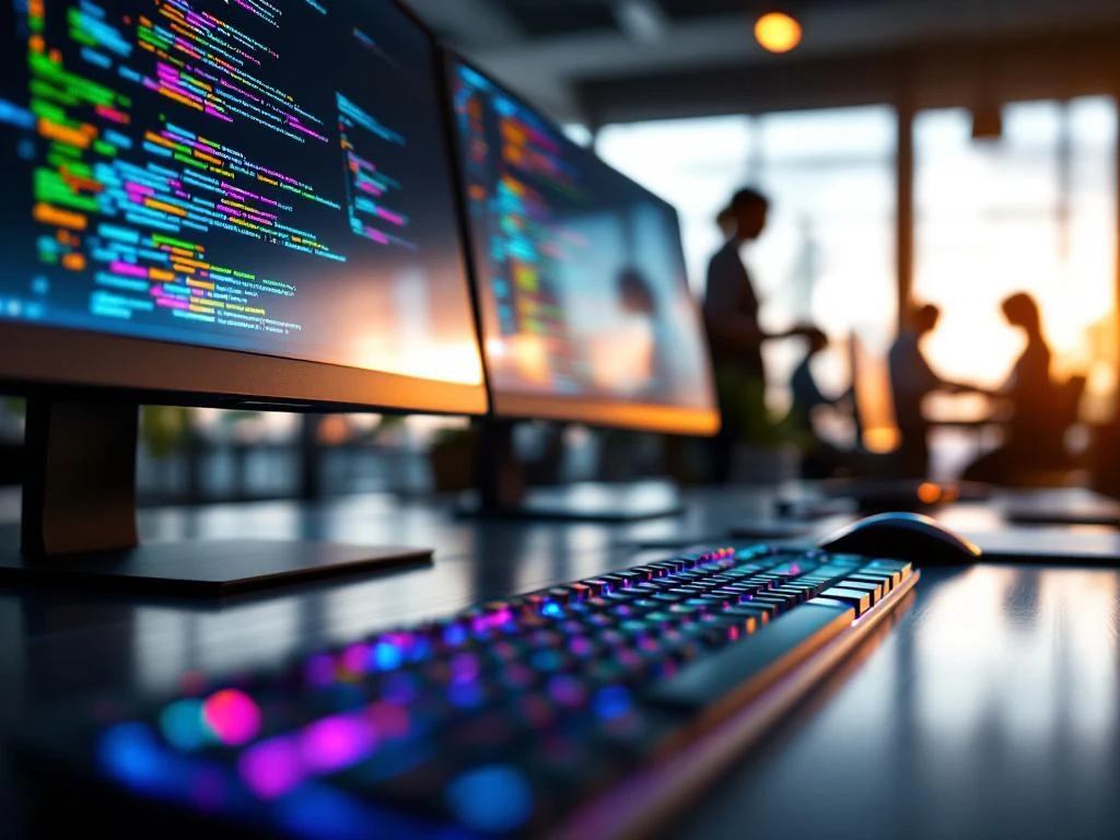 Moderne toetsenborden en monitoren met kleurrijke programmeercode in een professionele tech-werkruimte