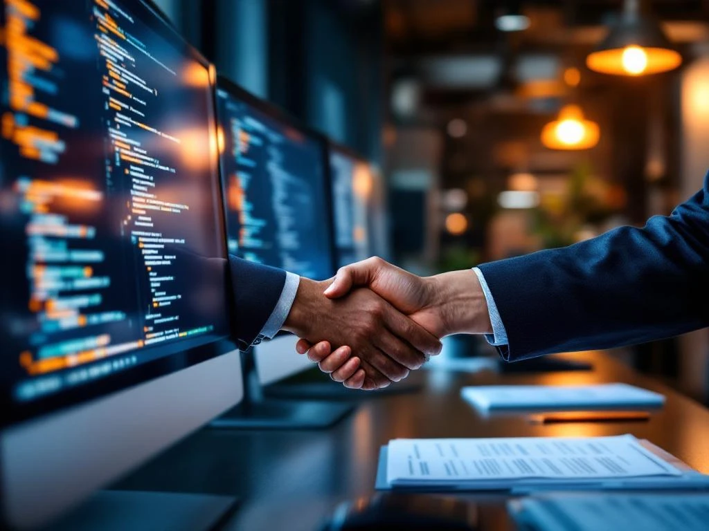 Handdruk tussen recruiter en software engineer in modern Amsterdam kantoor met code op monitors en wervingsdocumenten