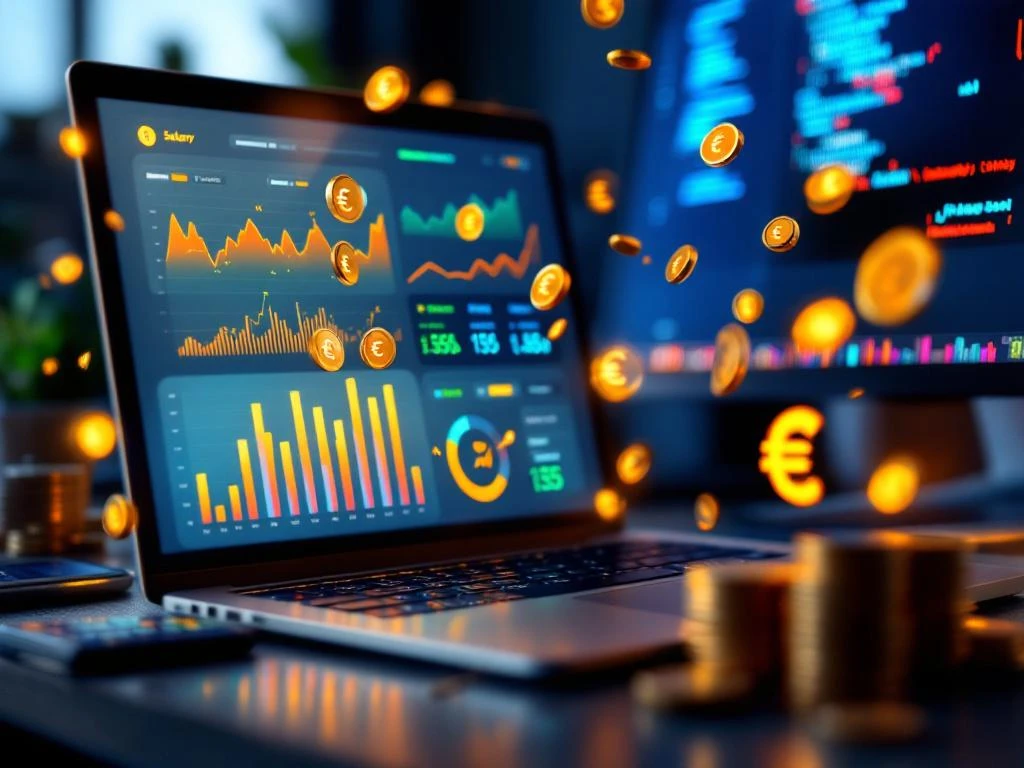 Laptop toont kleurrijke salarisgrafiek met gouden euro-symbolen, calculator en muntstapels op modern bureau