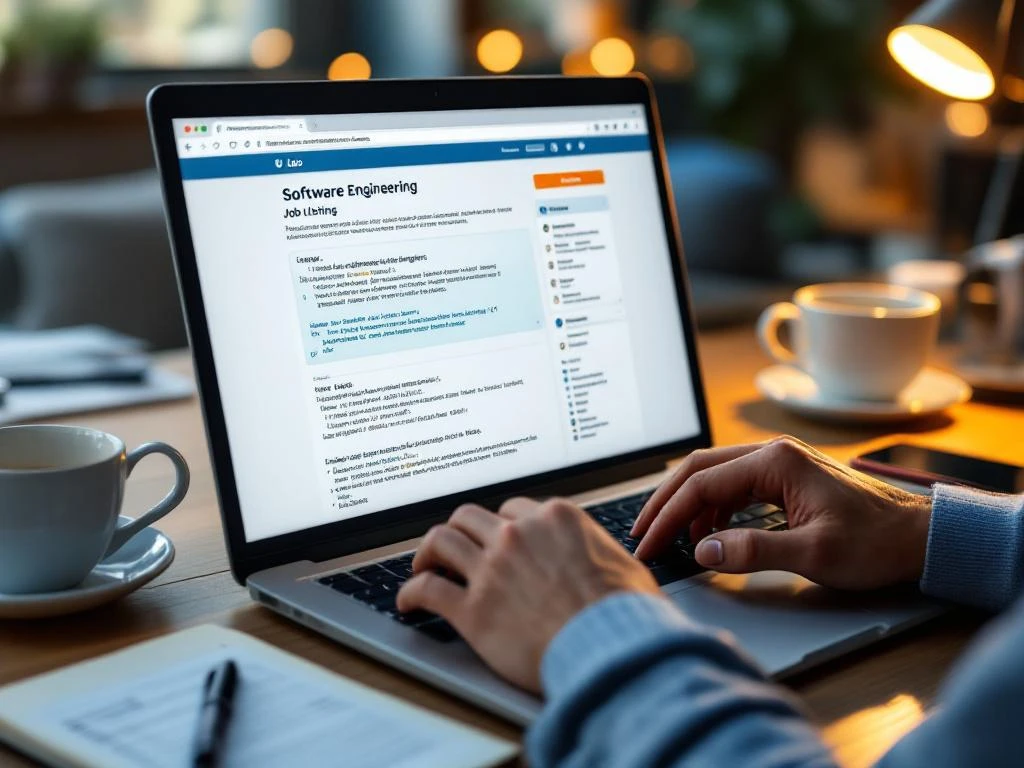 Handen typen op laptop toetsenbord met software engineering vacatures en code op scherm, koffie en notitieblok op bureau