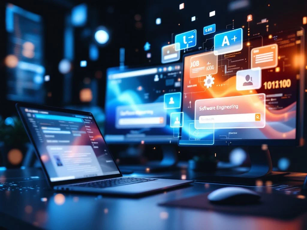 Moderne werkplek met meerdere monitoren die software engineering vacatures tonen, laptop en holografische code-iconen