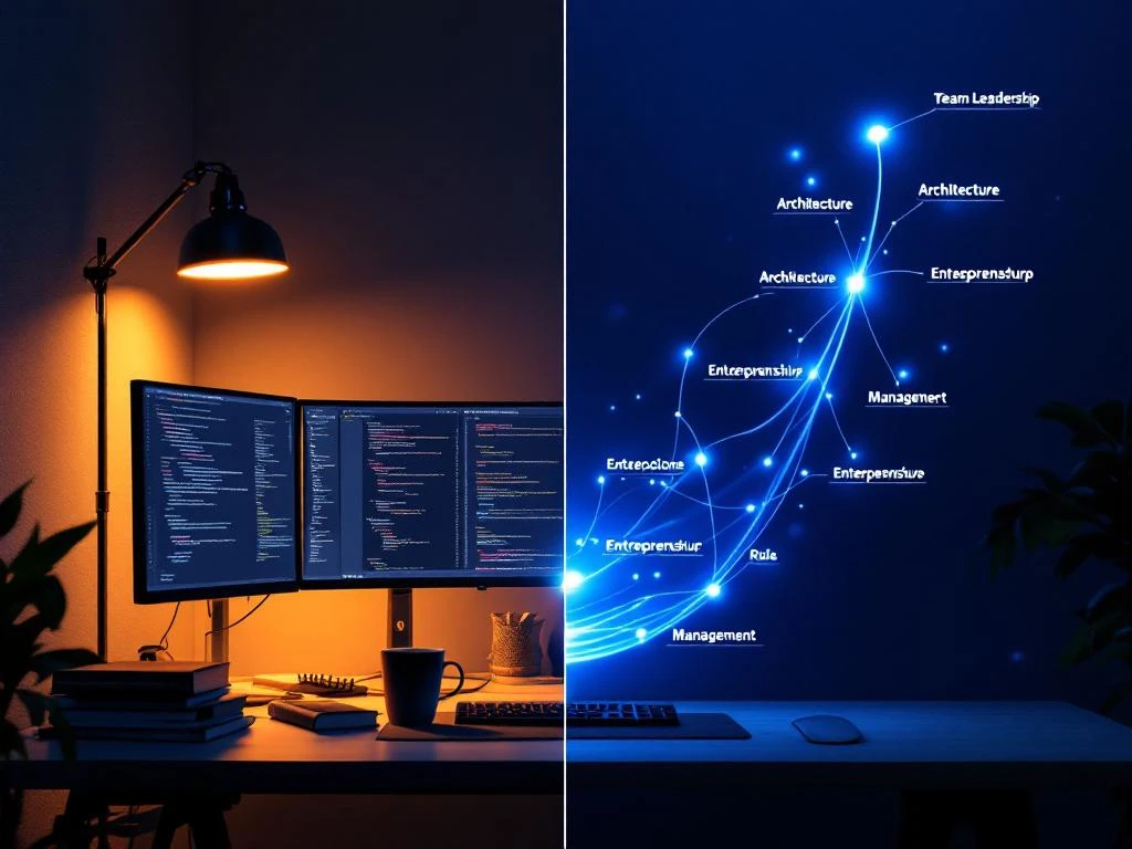 Software engineer werkplek met monitors en code die overgaat in netwerk van carrièrepaden en leiderschapsrollen