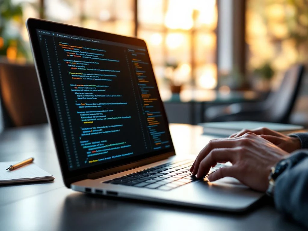 Handen typen code op laptop toetsenbord met sollicitatiegesprek opstelling en technische boeken op achtergrond