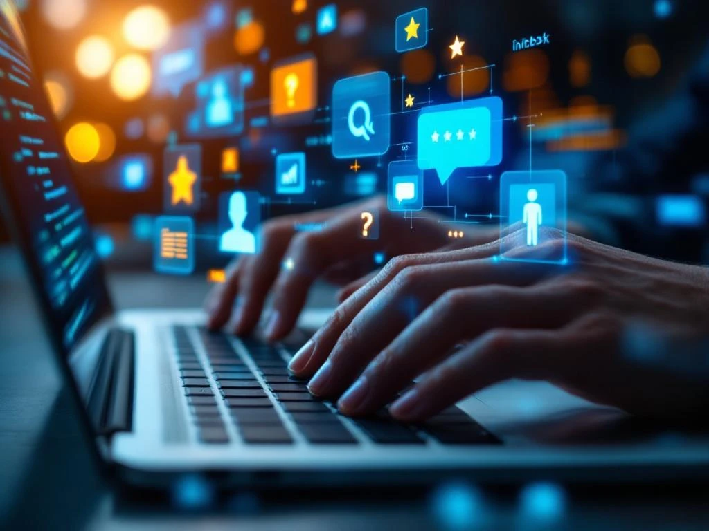 Handen typen op laptop toetsenbord met holografische feedback iconen voor software engineer sollicitatie proces