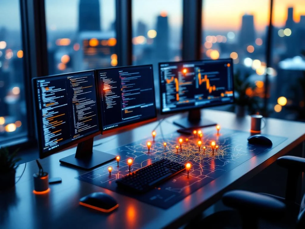 Luchtfoto van moderne werkplek met meerdere computerschermen met code naast stadskaart met verlichte tech-hub locaties