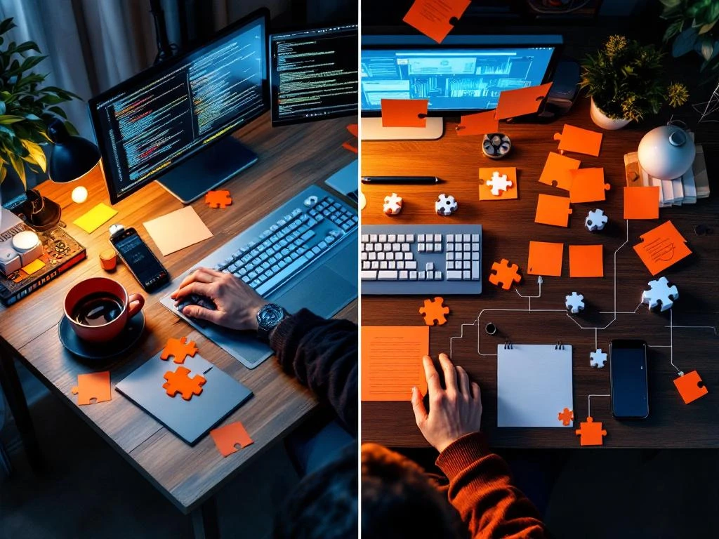 Werkplek software engineer van bovenaf: links technische monitors en toetsenbord, rechts samenwerkingssymbolen en puzzelstukjes