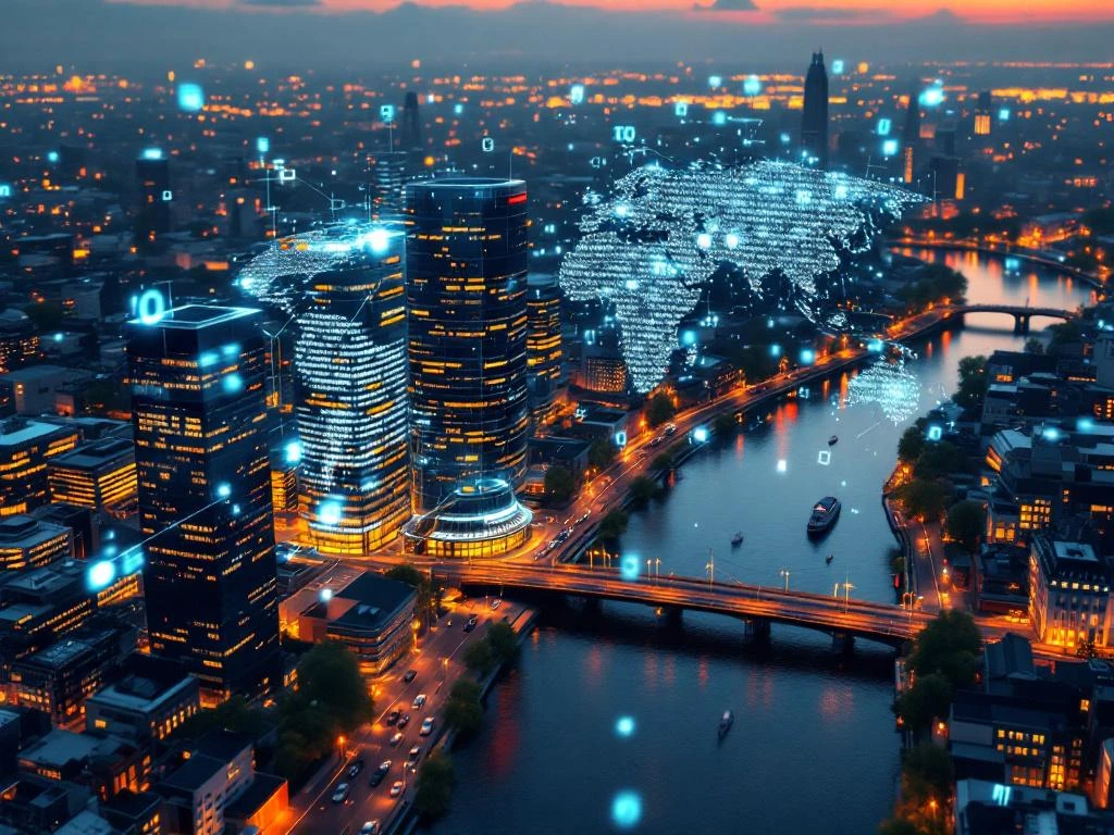 Luchtfoto van futuristische Amsterdam met kanalen, glazen kantoorgebouwen en zwevende holografische code bij zonsondergang