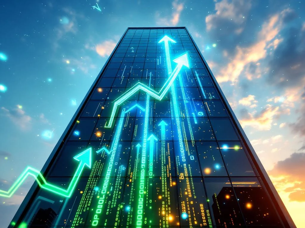 Glazen kantoorgebouw met zwevende programmeercode en digitale groeigrafiekjes in blauw en groen tijdens gouden uur