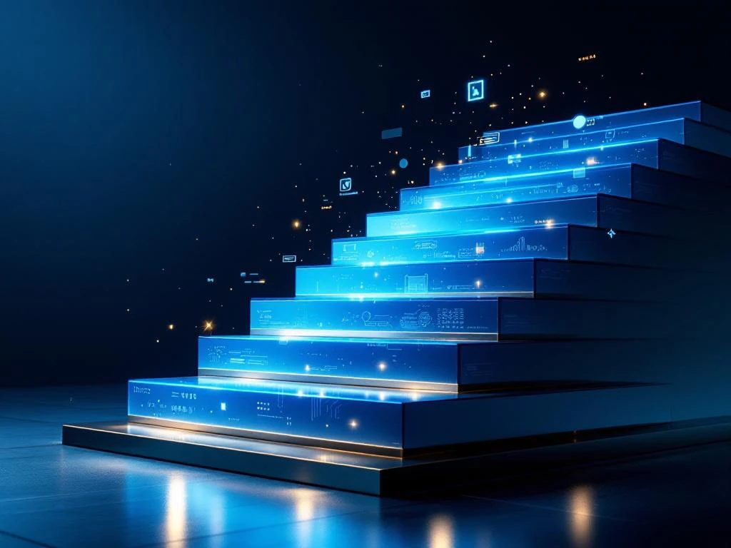 Getrapt piramide van staal en glas met blauwe verlichting, symboliseert software engineering carrièreniveaus