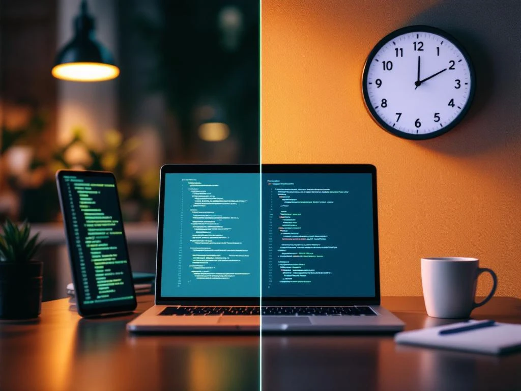 Laptop met code en klok verbonden door pad, symboliseert balans tussen technische expertise en flexibele werktijden