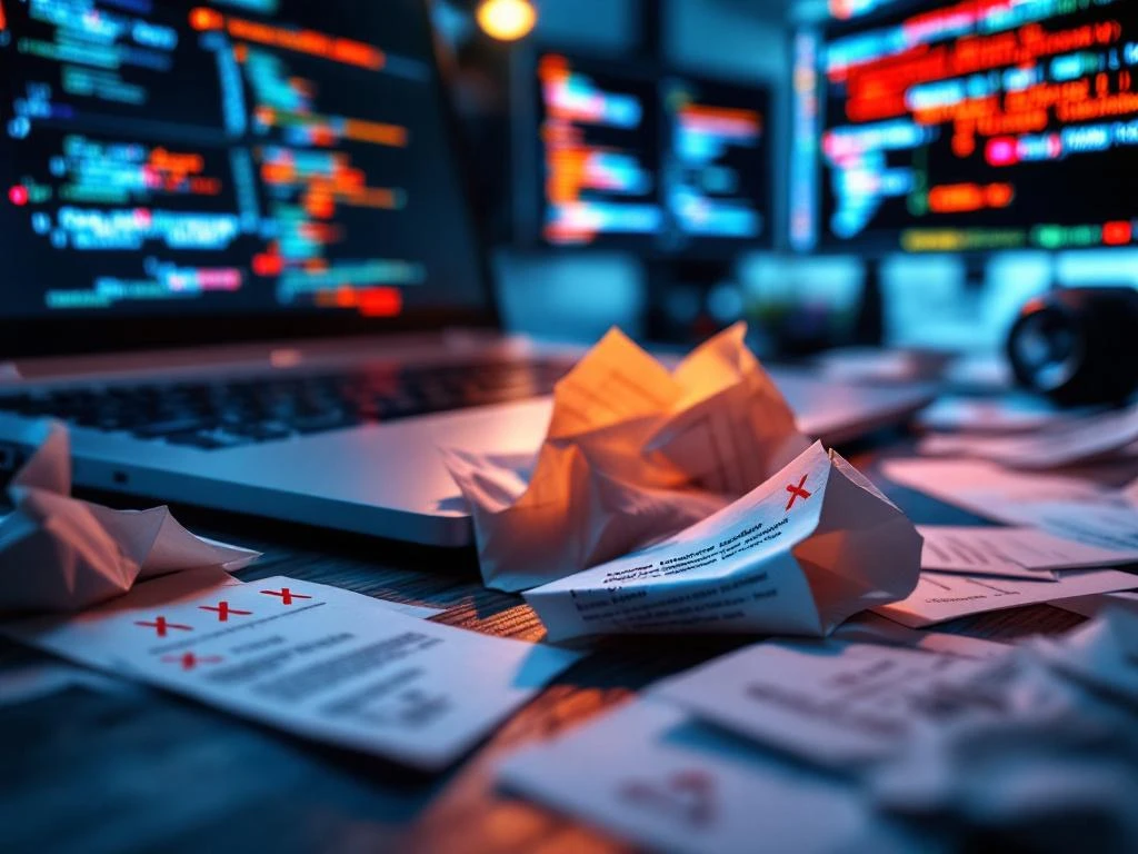 Laptop op bureau met afgewezen cv's, programmeernotities met rode kruizen en foutmeldingen op schermen op achtergrond