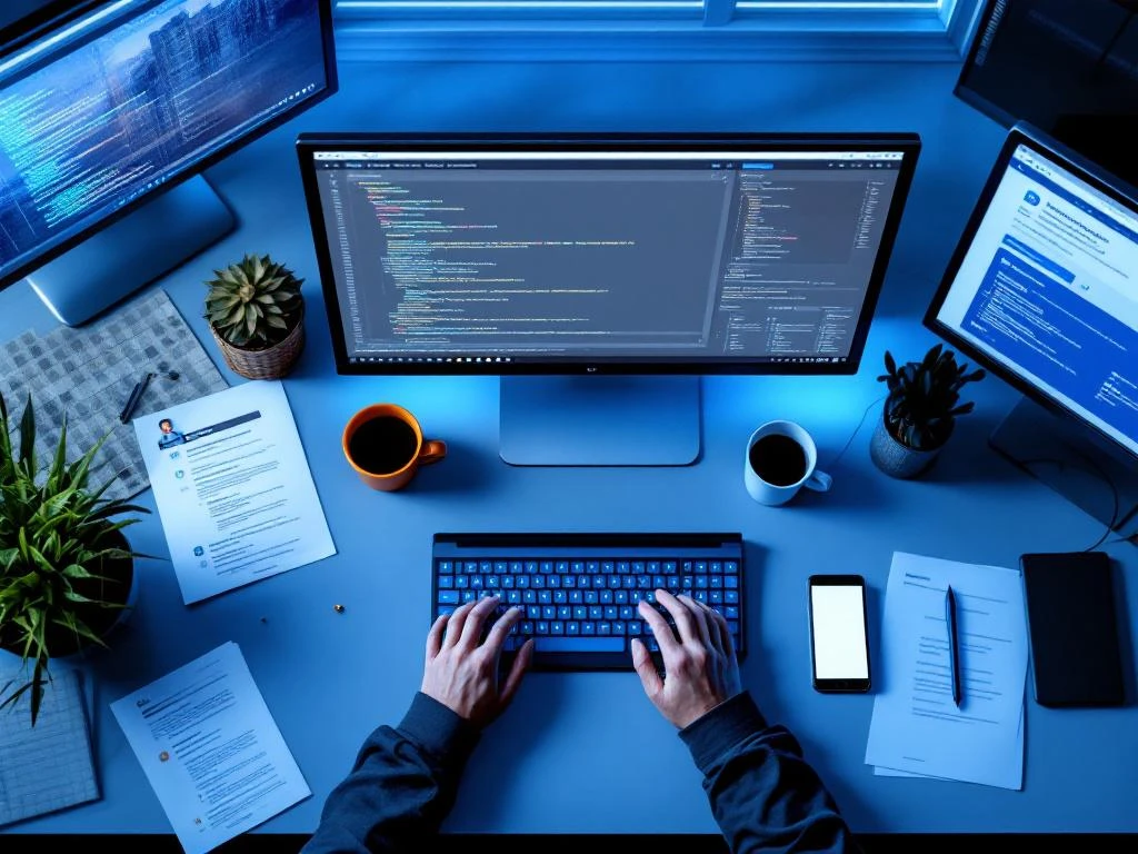 Softwareontwikkelaar typt code op toetsenbord met meerdere schermen, cv's en LinkedIn-meldingen op modern bureau