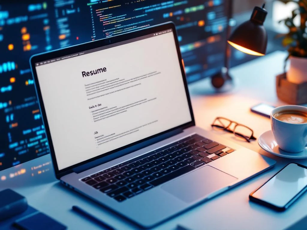 Laptop met code op scherm omringd door cv-document, koffiekop, bril en smartphone op professioneel bureau