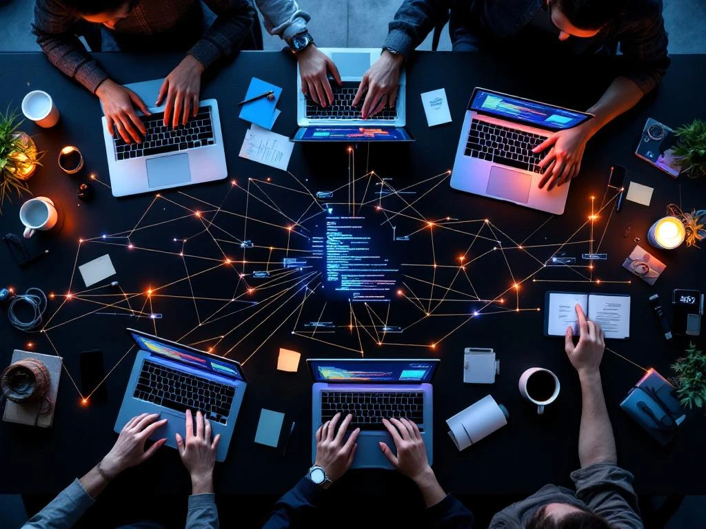 Bovenaanzicht van moderne tech werkruimte met laptops, code interfaces en handen die samenwerken aan softwareontwikkeling