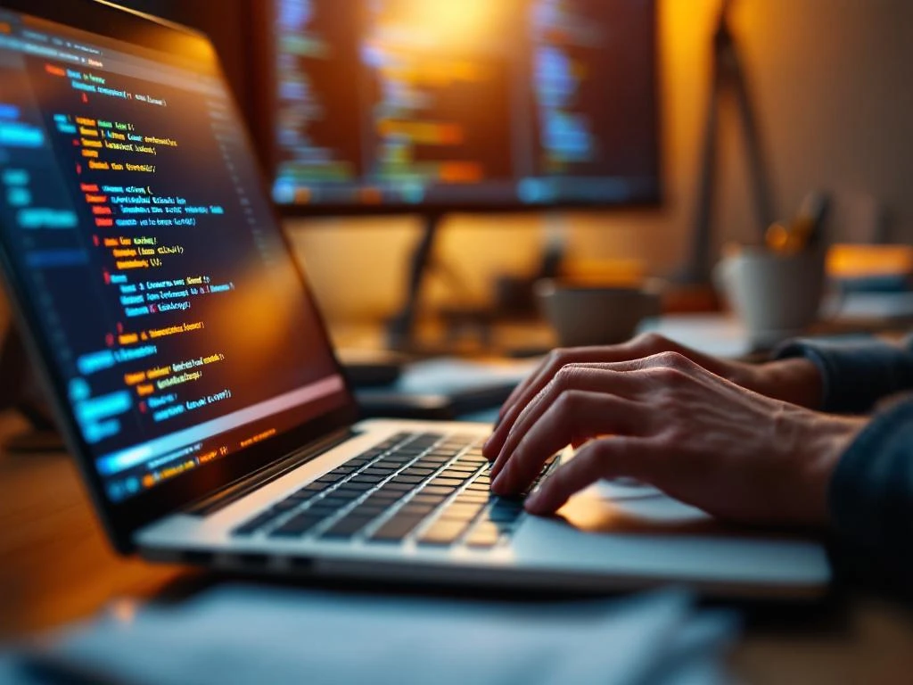 Handen typen op laptop toetsenbord met afwijzingsmails op monitors, cv-papieren en koffiekopjes op bureau