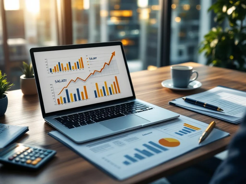 Moderne bureautafel met laptop met salarisgrafiek, documenten en calculator, kantoorgebouwen op achtergrond