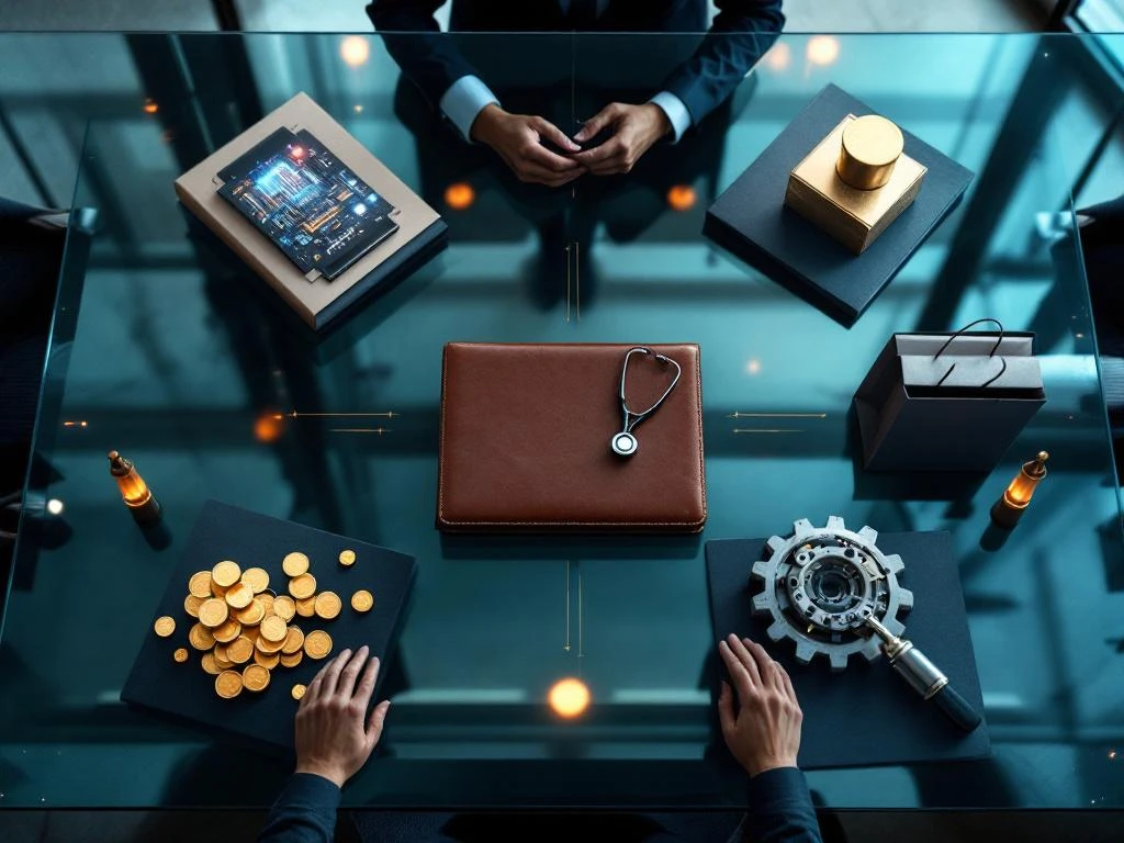 Glazen vergadertafel met sectorsymbolen: circuit, stethoscoop, munten, tandwiel en tassen rond leren portfolio