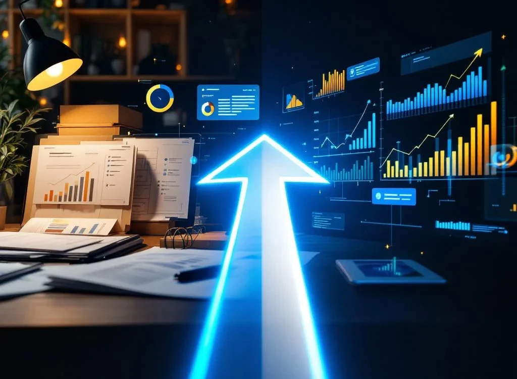 Professionele carrièretransformatie van accountmanagement naar sales met bureau, grafieken en pijl die groei symboliseert