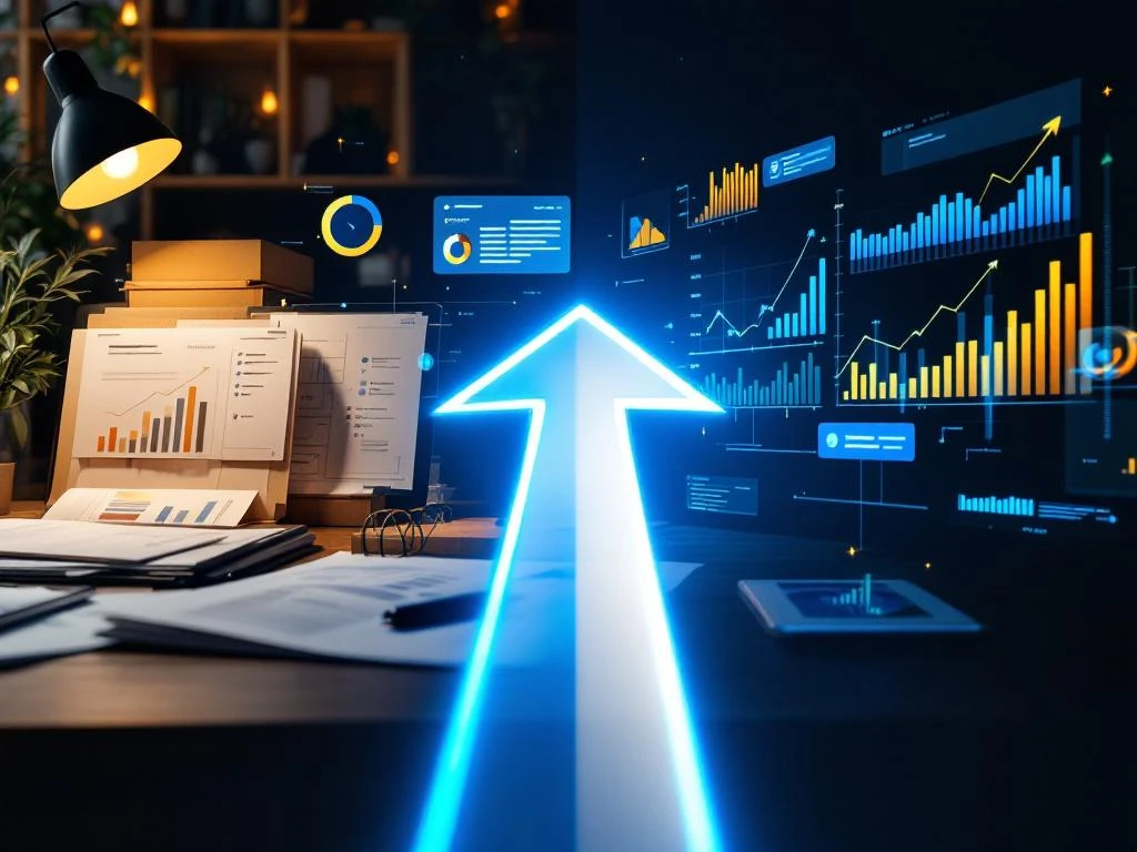 Professionele carrièretransformatie van accountmanagement naar sales met bureau, grafieken en pijl die groei symboliseert