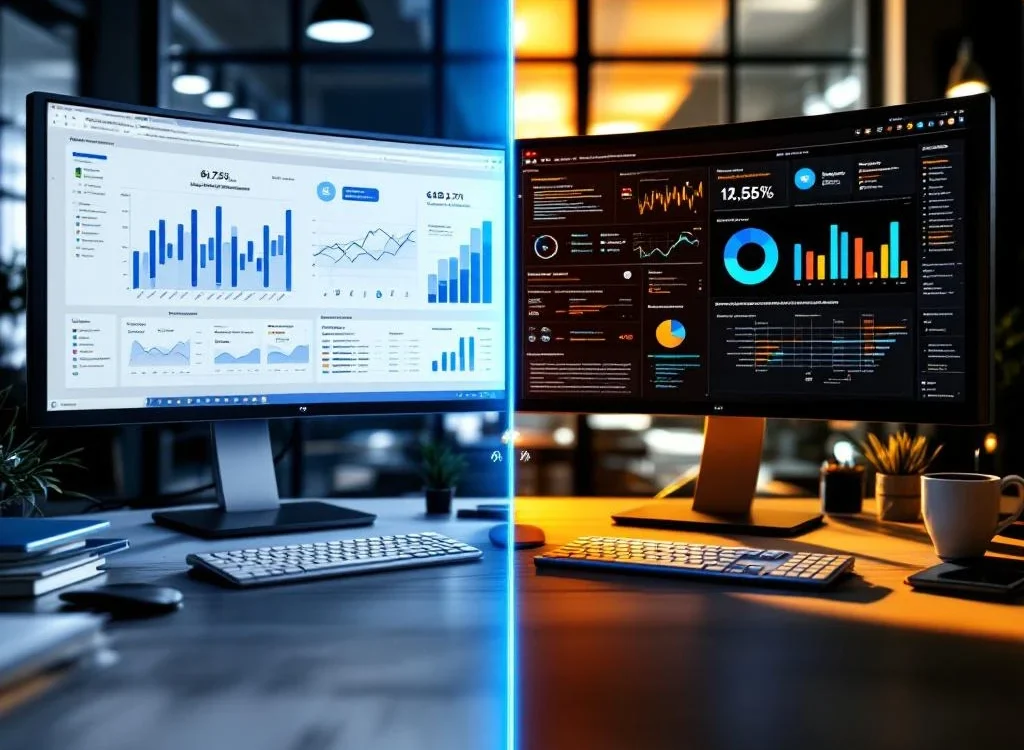 Gesplitste weergave van twee professionele werkruimtes: accountmanagement met grafieken links, klantsucces dashboards rechts