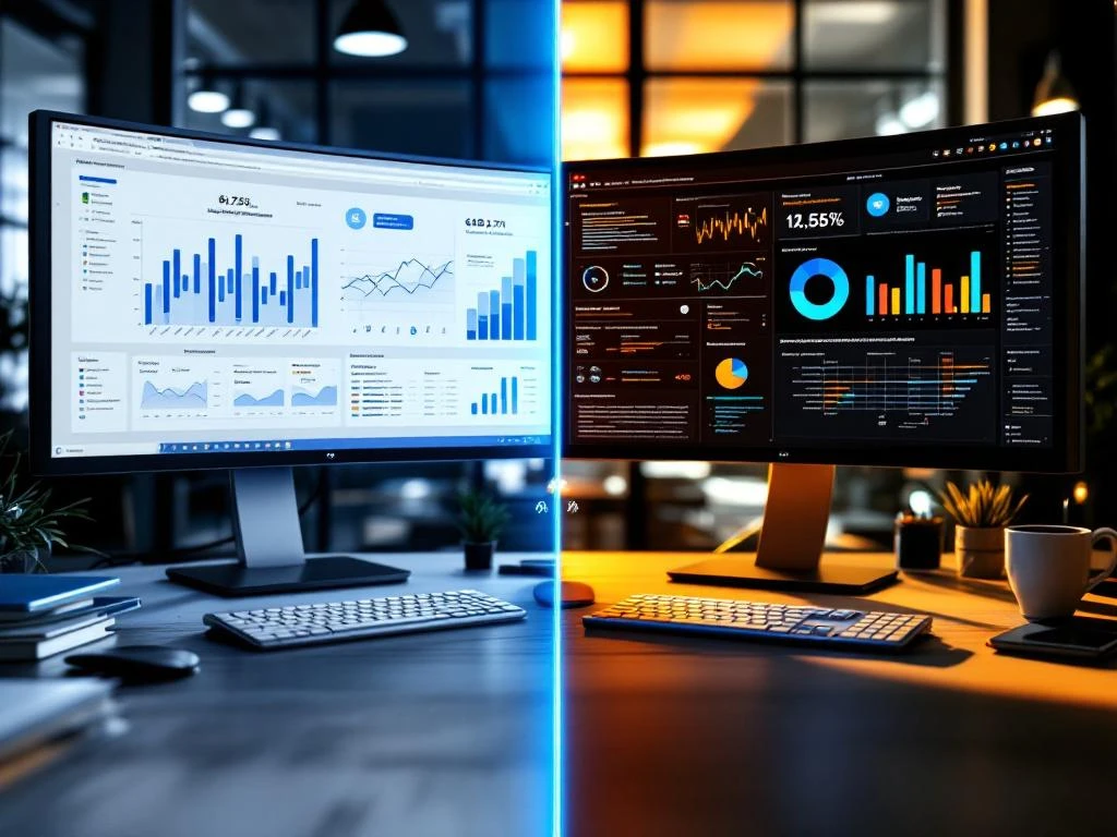 Gesplitste weergave van twee professionele werkruimtes: accountmanagement met grafieken links, klantsucces dashboards rechts
