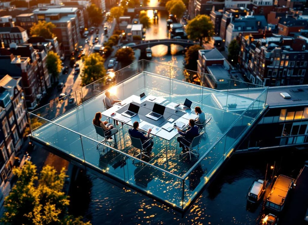 Luchtfoto van Amsterdamse grachten met moderne kantoren en glazen conferentietafel boven het water bij gouden uur