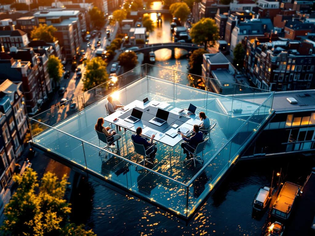 Luchtfoto van Amsterdamse grachten met moderne kantoren en glazen conferentietafel boven het water bij gouden uur