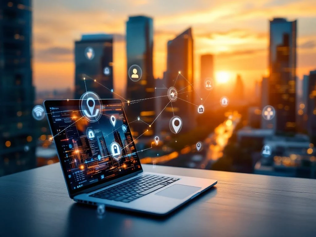 Laptop met netwerkgrafiek en holografische remote work iconen met Amsterdam zakenwijk op achtergrond tijdens gouden uur