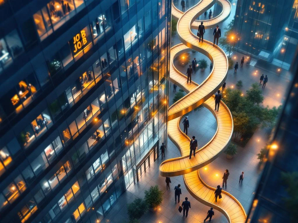 Modern glazen kantoorgebouw met gouden paden die naar de ingang leiden, verlichte ramen tonen vacatures