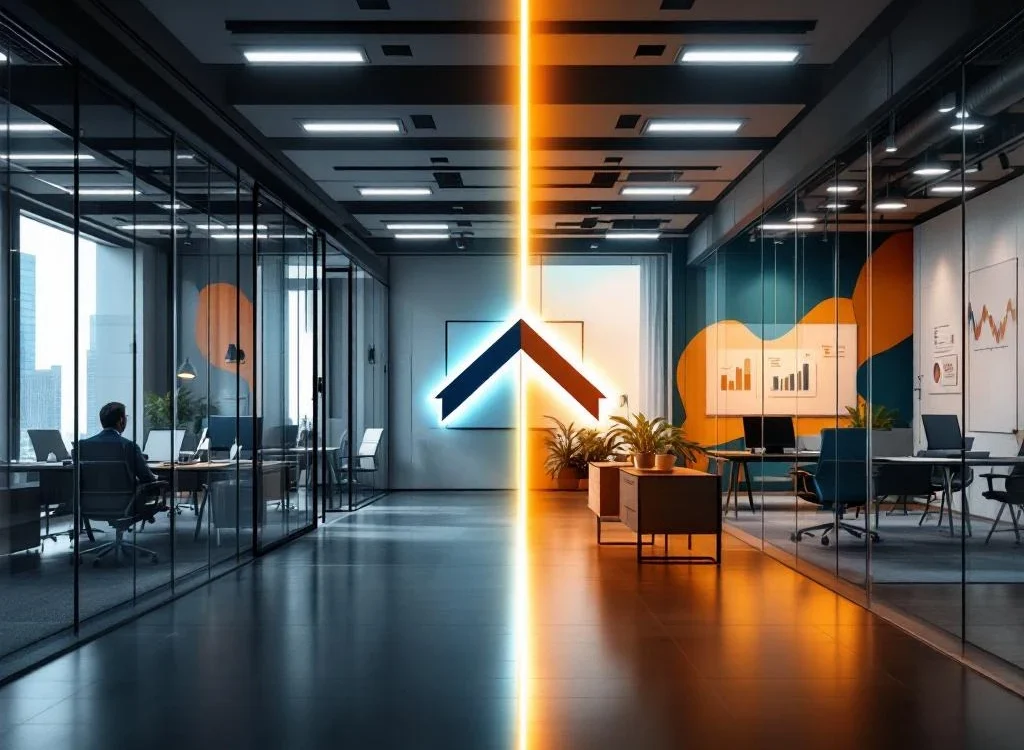 Split-screen vergelijking van traditioneel kantoor met grijze tinten en modern consultancy kantoor met warme kleuren