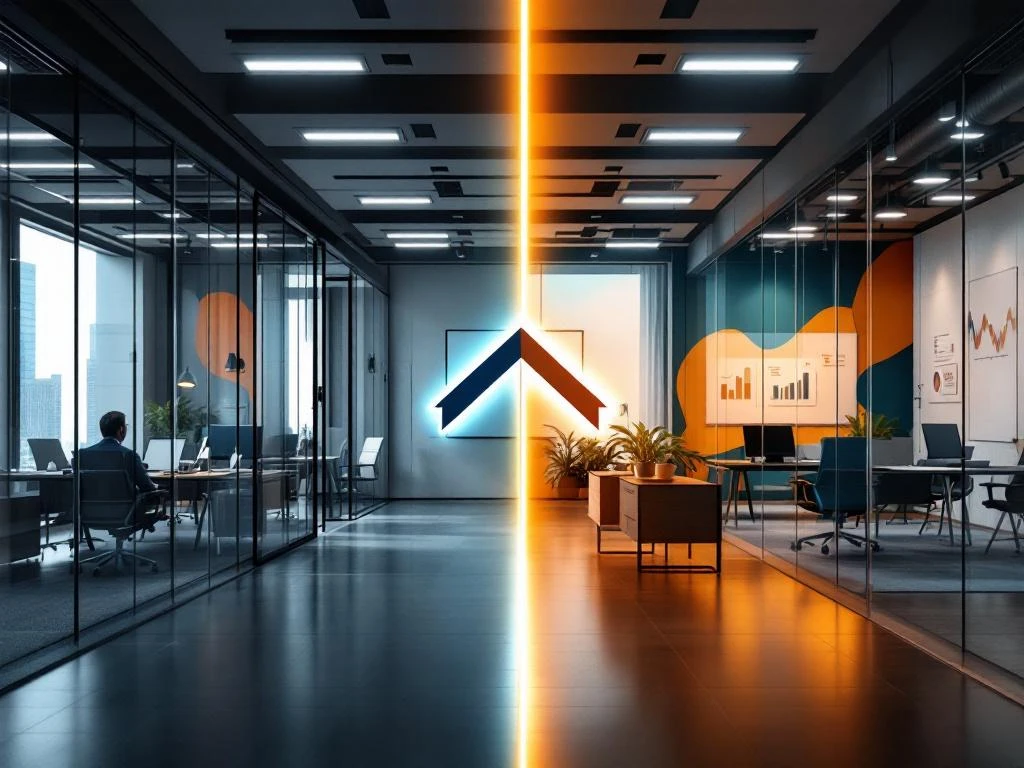 Split-screen vergelijking van traditioneel kantoor met grijze tinten en modern consultancy kantoor met warme kleuren