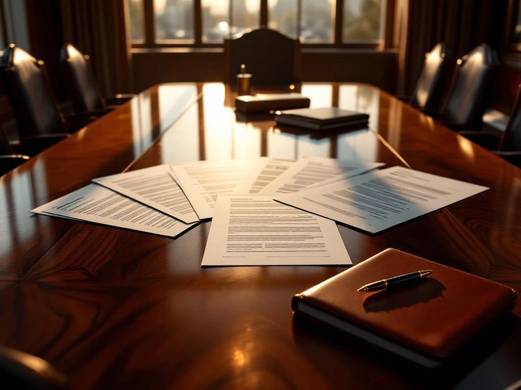 Zeven strategiedocumenten waaiergewijs uitgespreid op mahonie vergadertafel in elegante boardroom met Amsterdam uitzicht