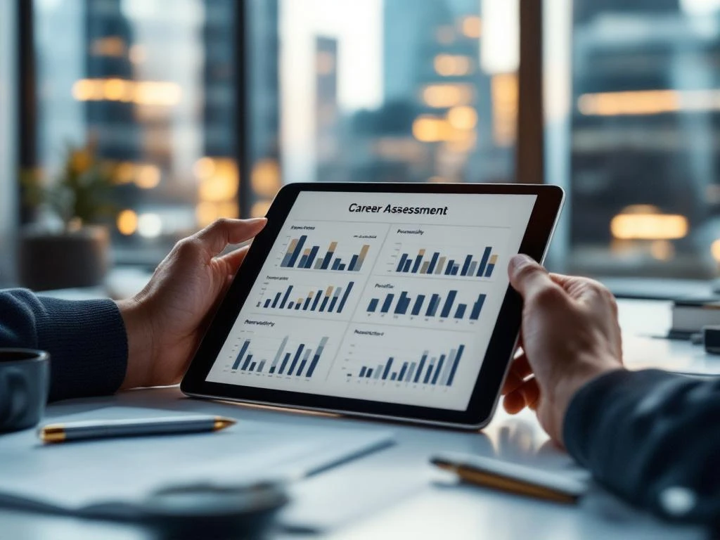 Professionele handen houden tablet vast met loopbaanassessment grafieken op wit bureau, Amsterdam kantoor op achtergrond