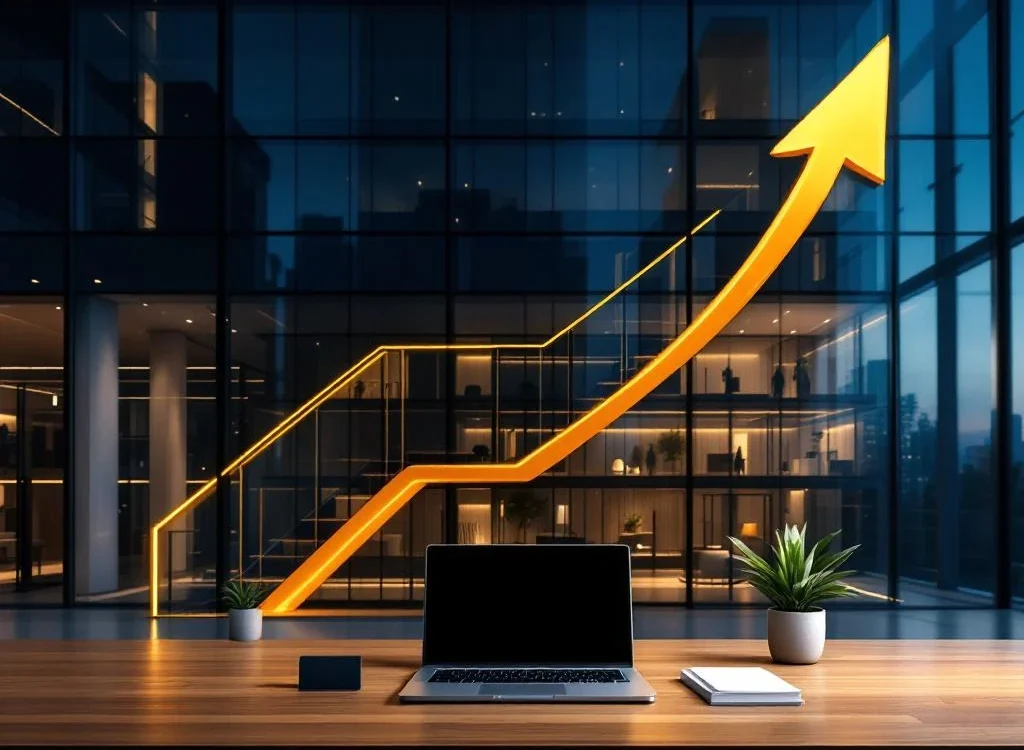 Modern glazen kantoorgebouw met gouden pijl die carrièregroei symboliseert, bureau met laptop en planten op voorgrond