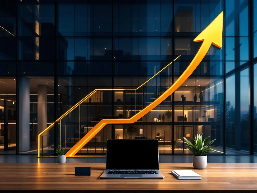 Modern glazen kantoorgebouw met gouden pijl die carrièregroei symboliseert, bureau met laptop en planten op voorgrond