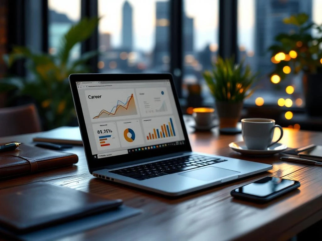 Laptop met carrièregroei grafieken op houten bureau met professionele items, Amsterdam kantoor op achtergrond