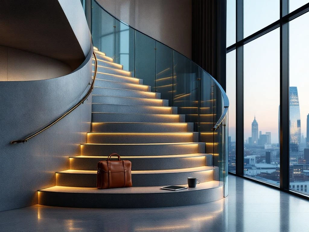 Spiraalvormige betonnen trap met glazen balustrade en LED-verlichting, zakelijke accessoires op treden, Amsterdam skyline op achtergrond