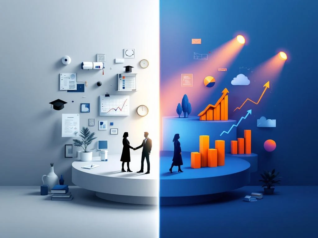 Carrièretransitie van academische omgeving naar bedrijfsleven met boeken links en grafieken rechts verbonden door brug